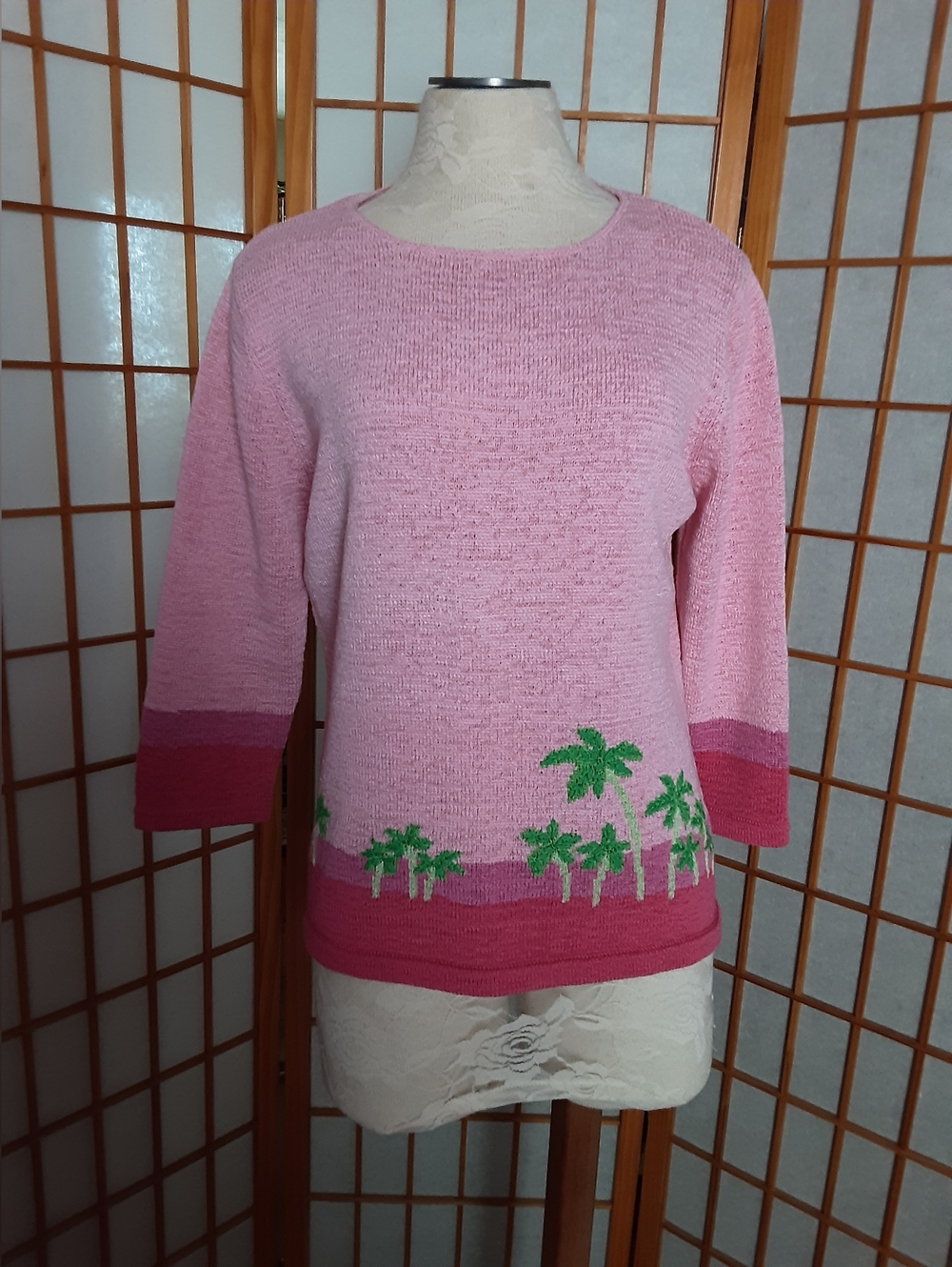 "Northern Isles" Pink Palm-Accent Crewneck Sweater